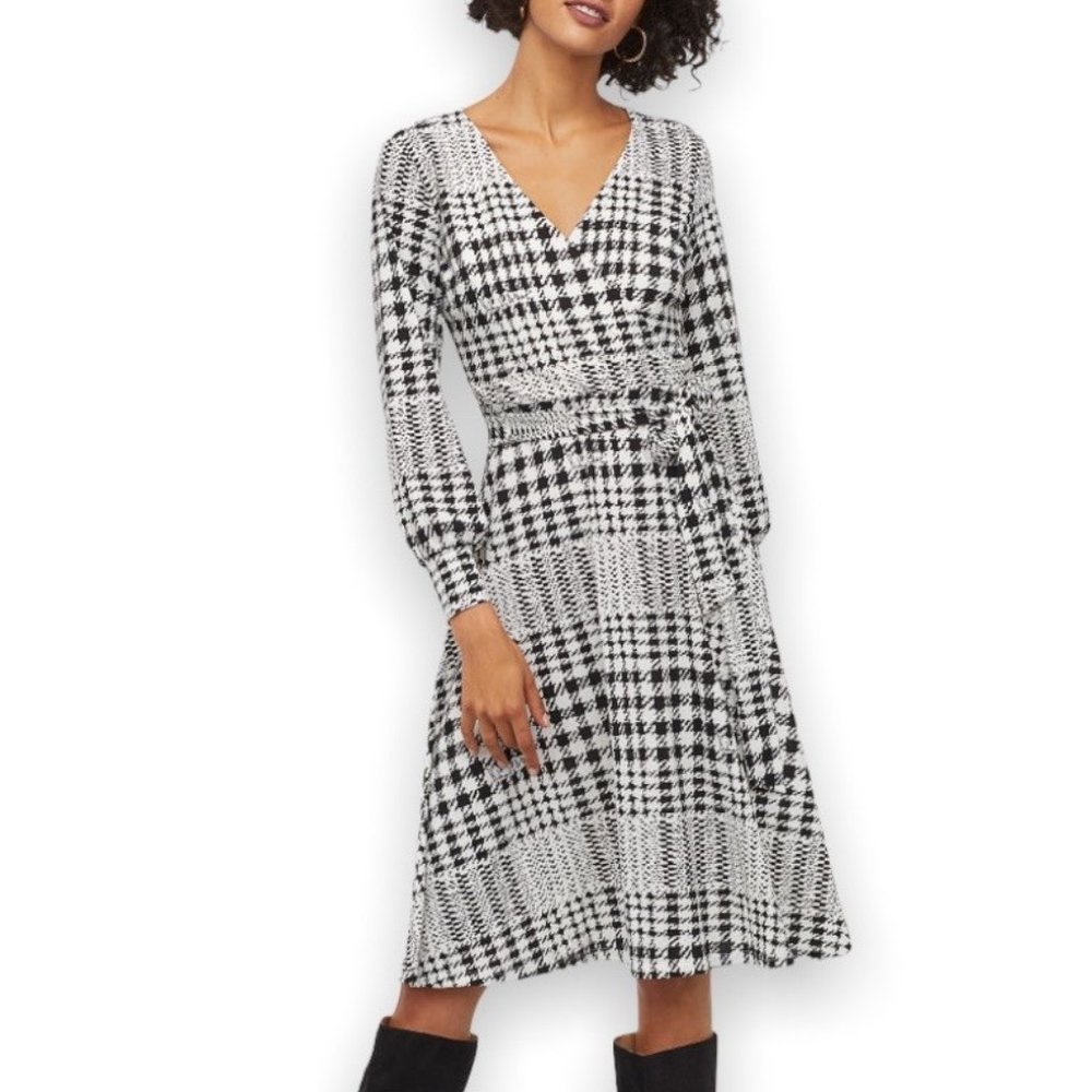 Richard Allen NEW Black & White Houndstooth Stretch Faux-Wrap Dress US Med, EU L